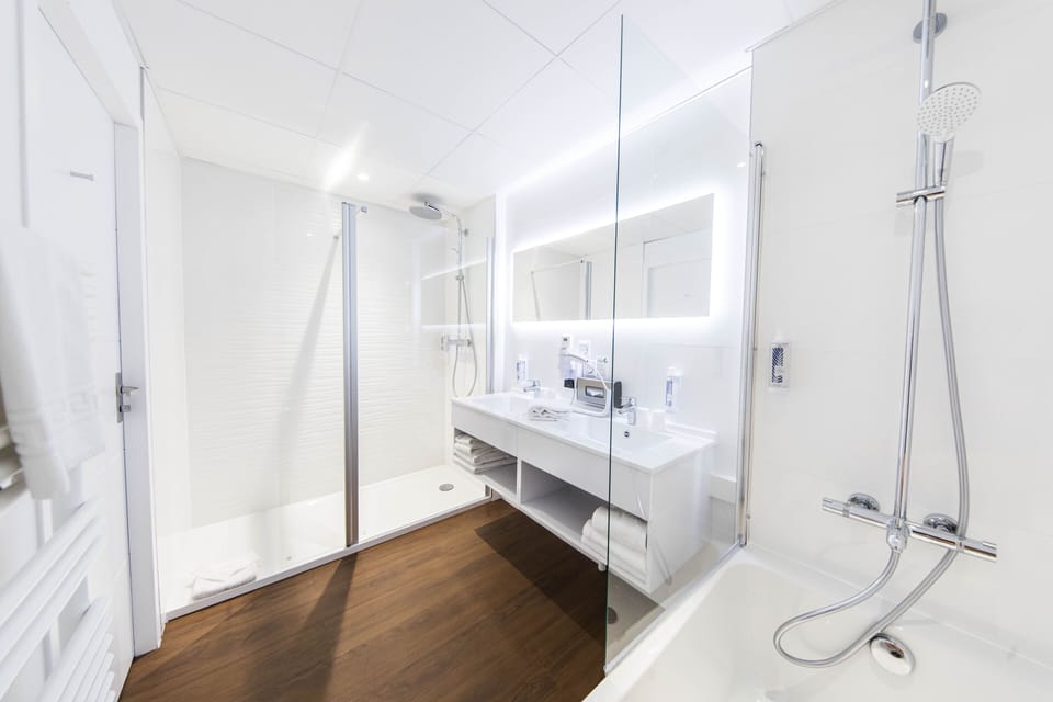 Double Room (Privilege) | Bathroom | Hair dryer, towels, soap, shampoo