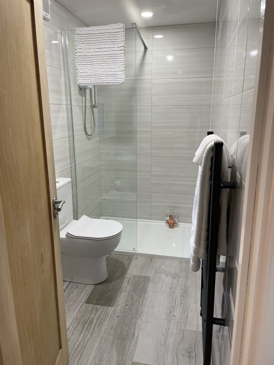 Hair dryer, towels, soap, shampoo