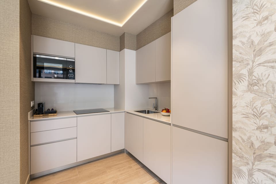Full-size fridge, microwave, stovetop, dishwasher