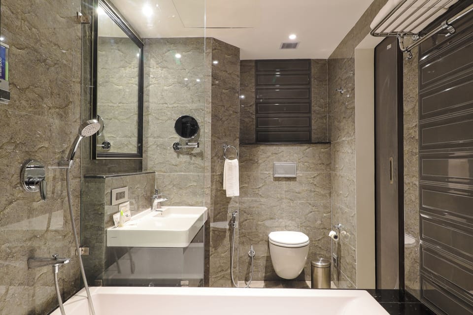 Eco-friendly toiletries, hair dryer, towels, soap