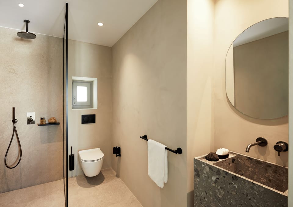 Superior Room, Private Pool, Sea View | Bathroom | Separate tub and shower, hair dryer, bathrobes, slippers