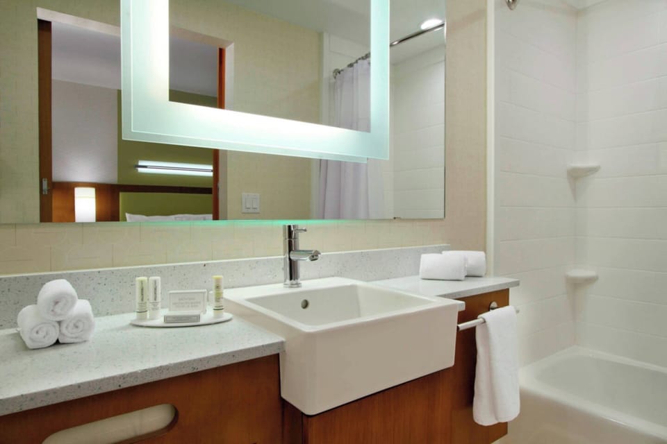 Combined shower/tub, free toiletries, hair dryer, towels