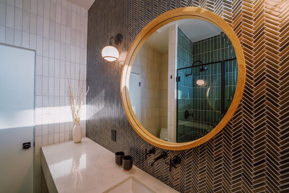 Shower, rainfall showerhead, hair dryer, bathrobes