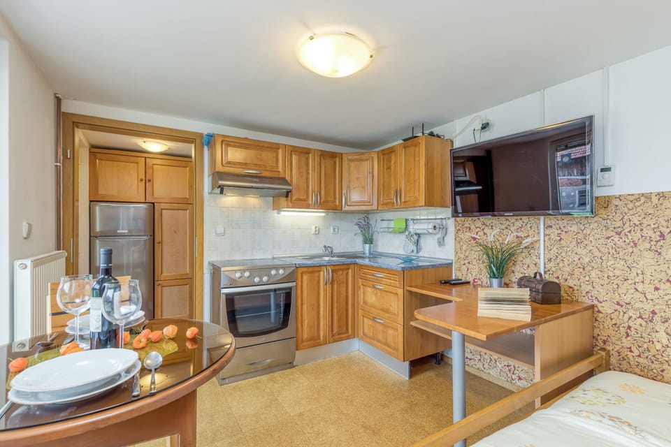 Family Studio, Mountain View (River View Suite Mlinar private beach) | Private kitchen | Fridge, oven, stovetop, electric kettle