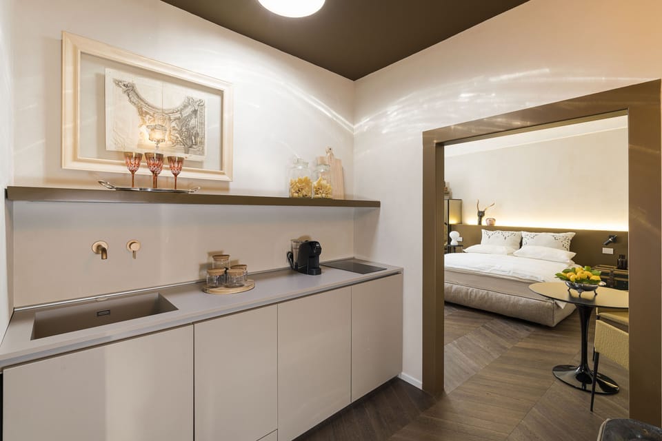 Luxury Apartment | Private kitchen | Full-size fridge, microwave, oven, stovetop