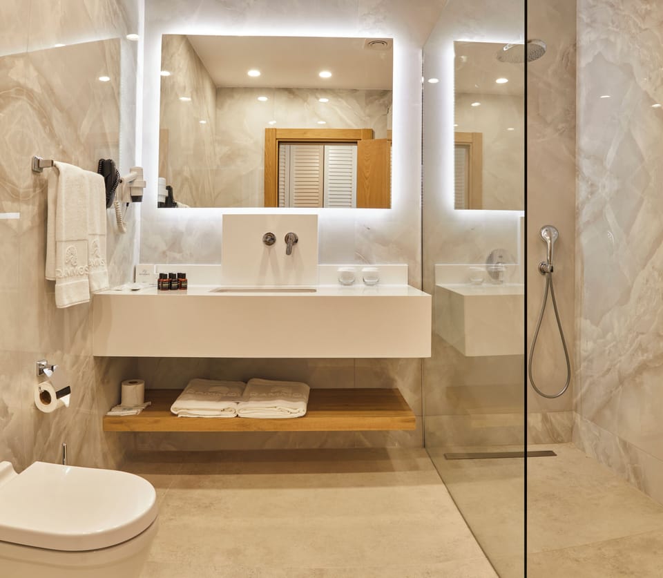 Shower, eco-friendly toiletries, hair dryer, slippers