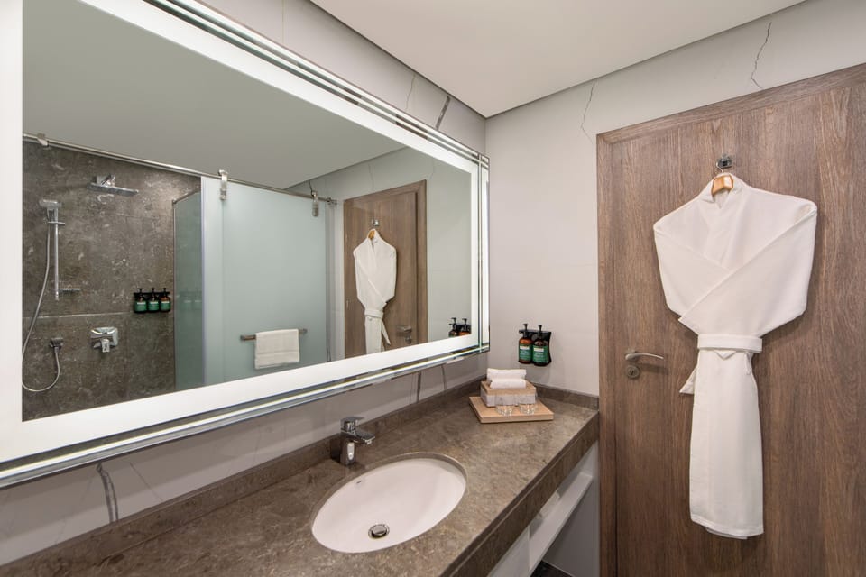 Deluxe Room, 1 King Bed, City View | Bathroom | Rainfall showerhead, free toiletries, hair dryer, bathrobes