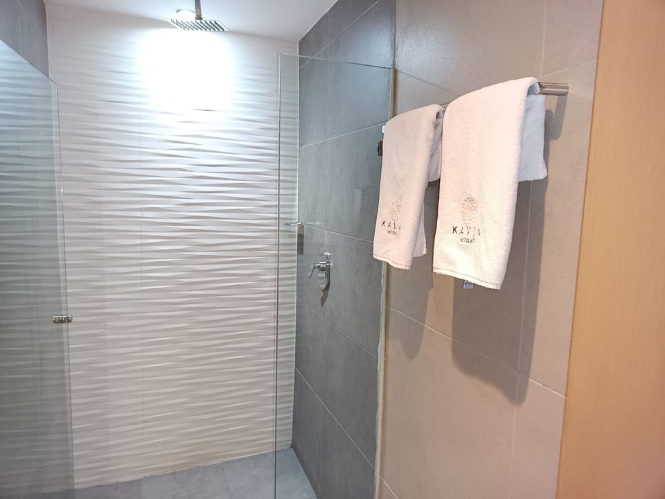 Shower, rainfall showerhead, free toiletries, towels
