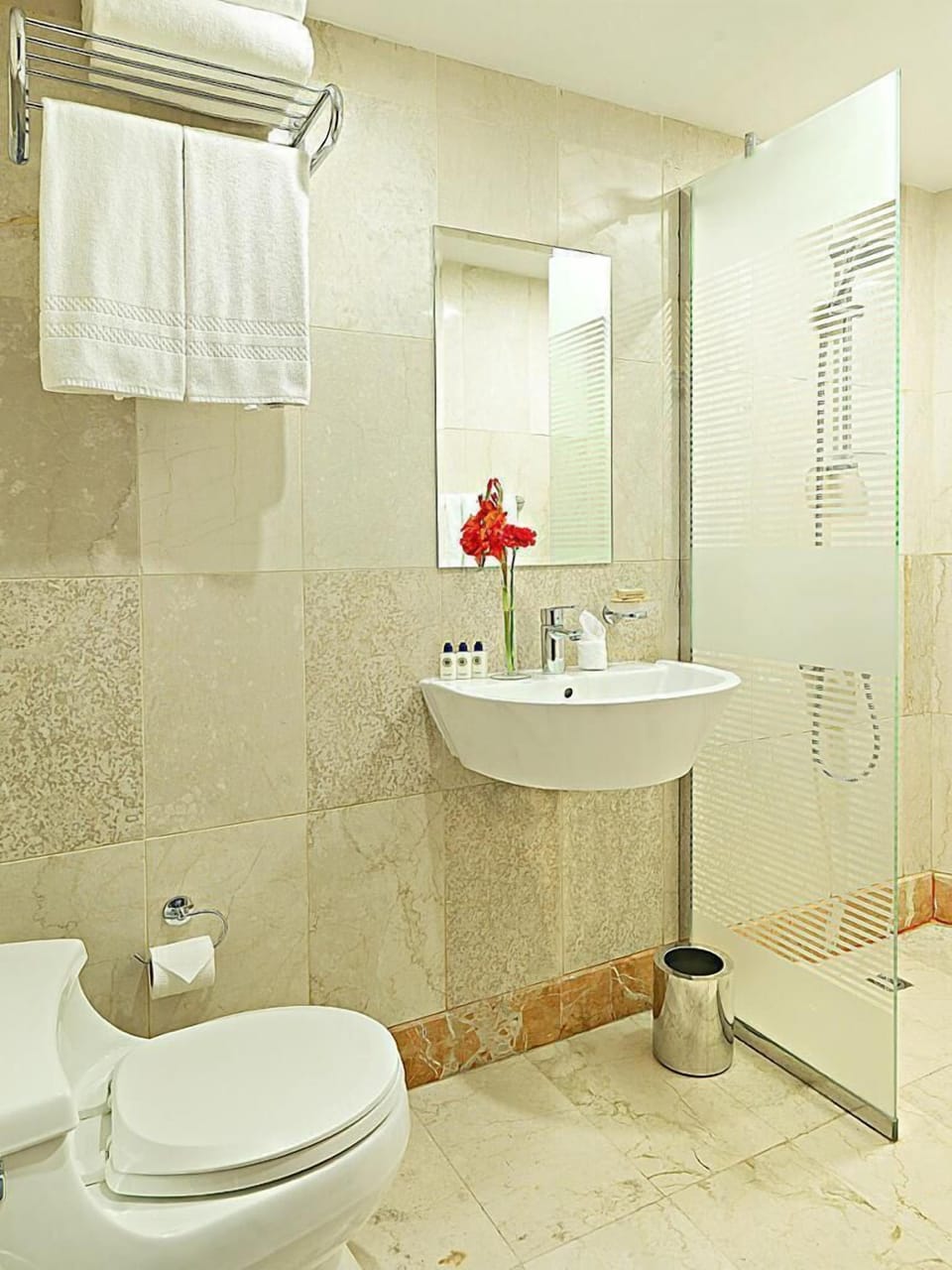 Combined shower/tub, slippers, towels