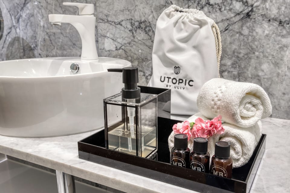 Shower, rainfall showerhead, hair dryer, bathrobes