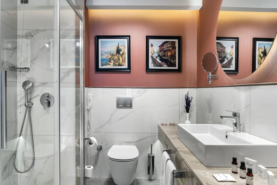 Shower, rainfall showerhead, designer toiletries, hair dryer