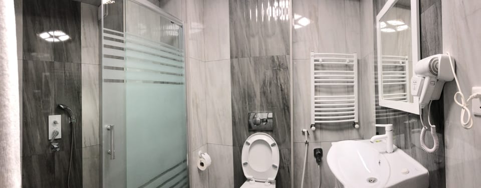 Shower, free toiletries, hair dryer, slippers