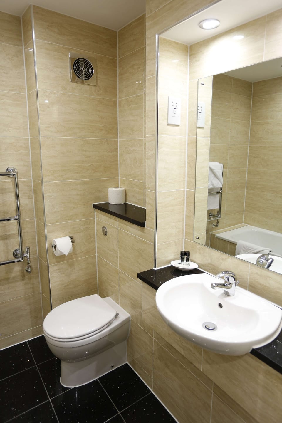 Combined shower/tub, free toiletries, hair dryer, towels