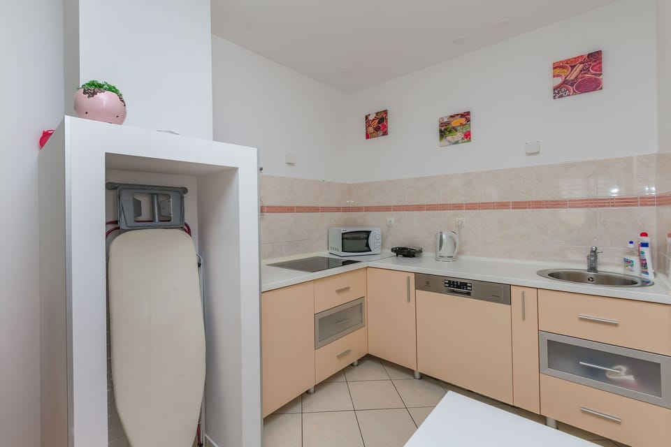 Apartment (A1) | Private kitchen | Fridge, microwave, stovetop, dishwasher