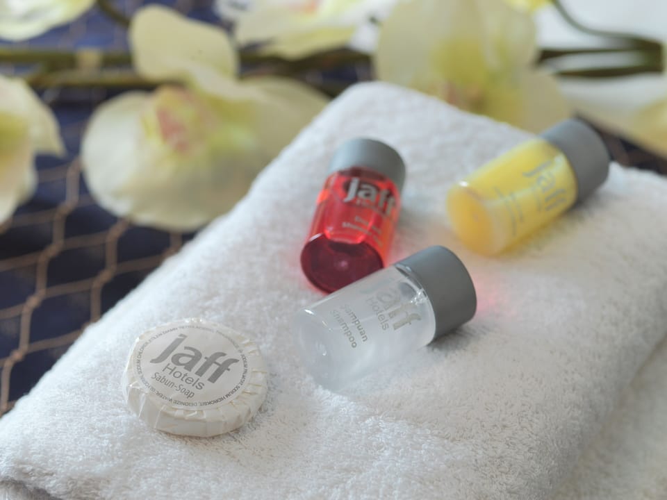 Shower, free toiletries, hair dryer, slippers