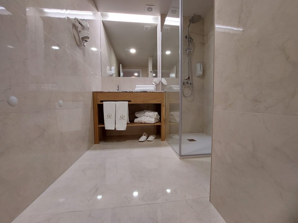 Shower, rainfall showerhead, hair dryer, bathrobes