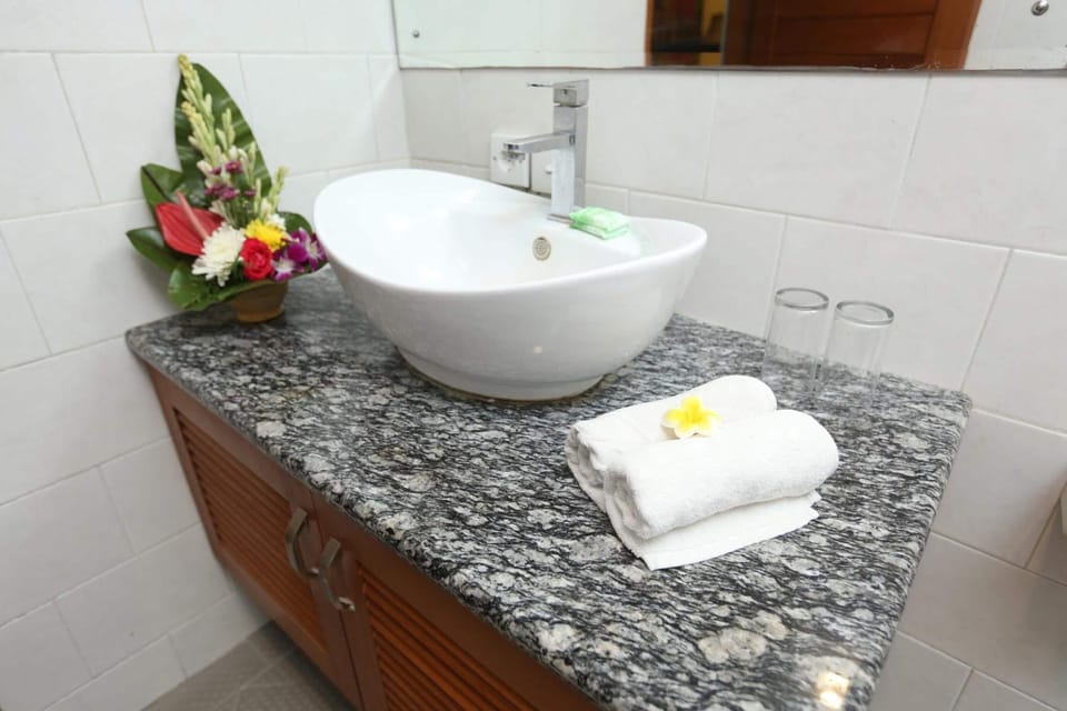 Shower, hair dryer, bidet, towels