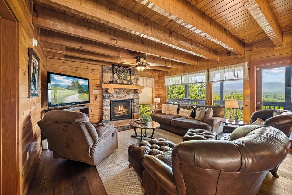 Cabin, Multiple Beds, Hot Tub, Mountain View | Living area | 42-inch flat-screen TV with digital channels, TV, fireplace