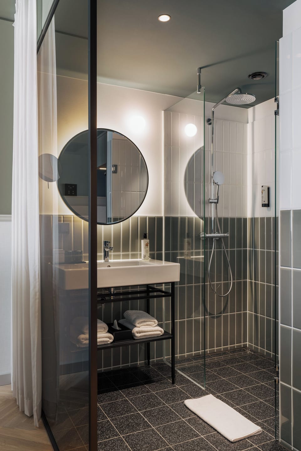 Free toiletries, hair dryer, heated floors, towels