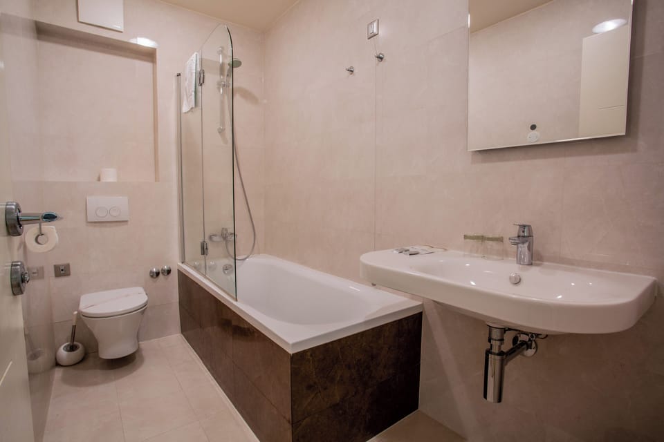 Combined shower/tub, free toiletries, hair dryer, towels