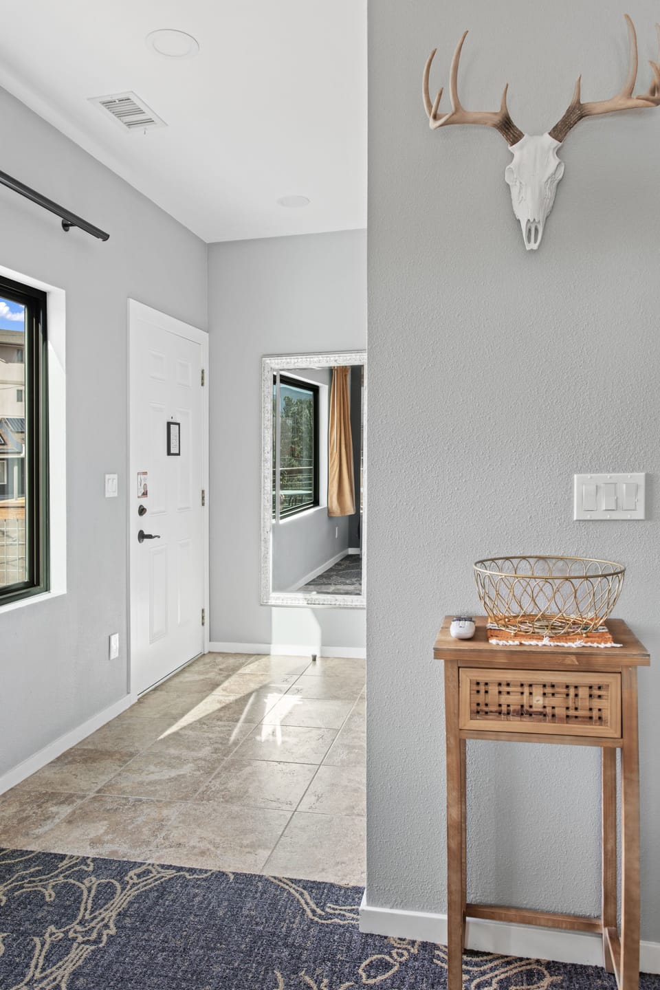 Minibar, desk, laptop workspace, iron/ironing board