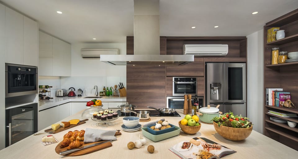 Fridge, microwave, electric kettle, toaster