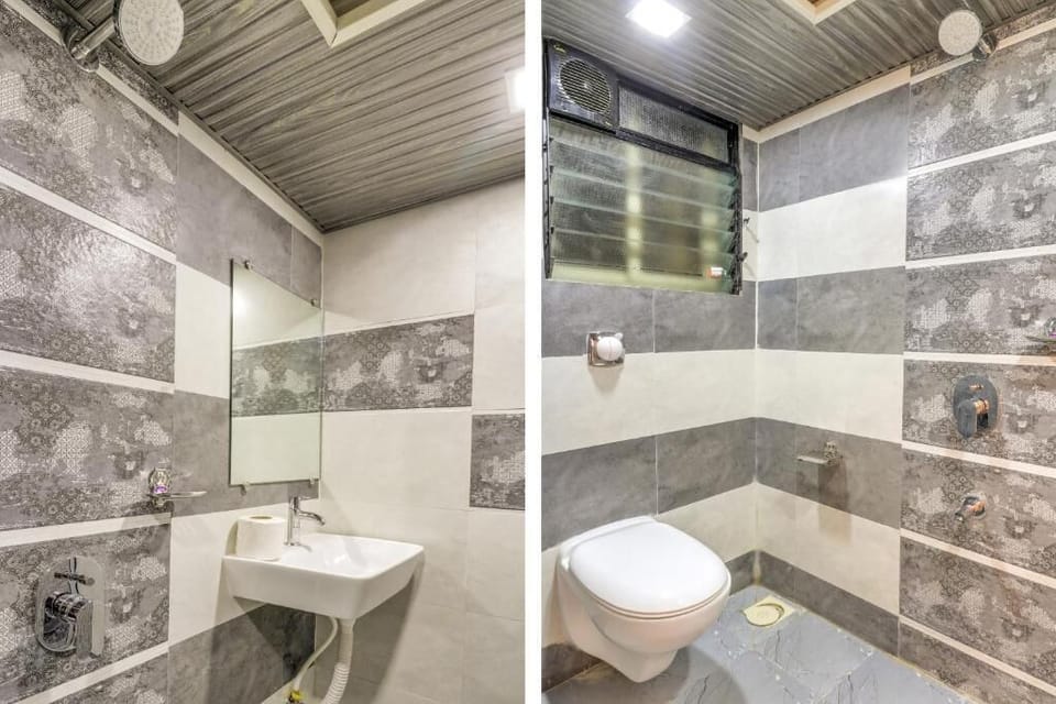 Shower, rainfall showerhead, towels