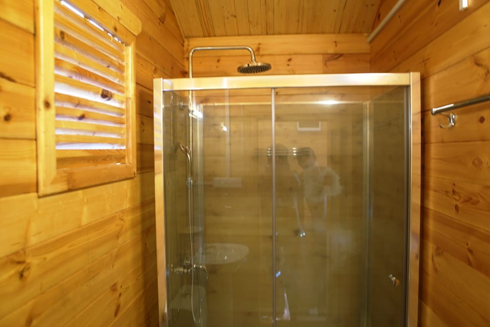 Shower, free toiletries, slippers, towels