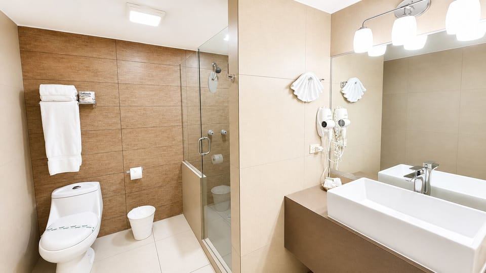 Shower, rainfall showerhead, free toiletries, hair dryer