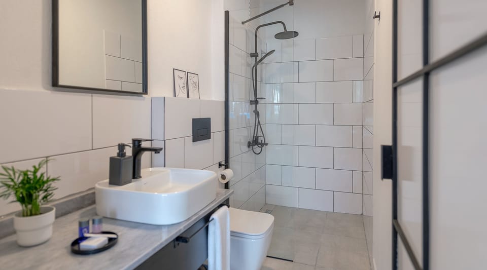 Shower, rainfall showerhead, hair dryer, slippers