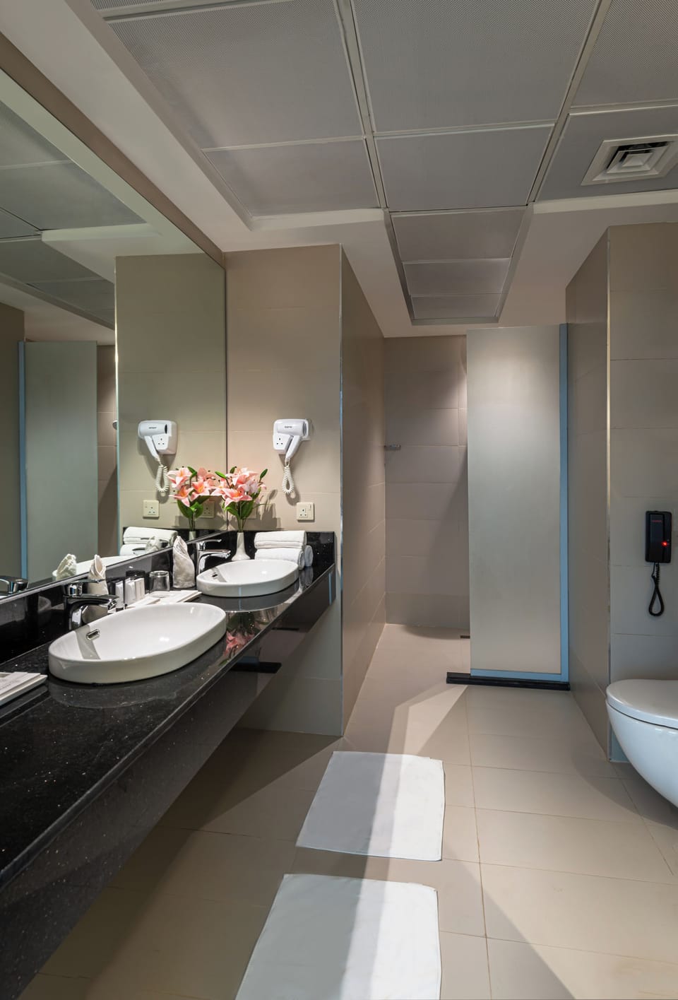 Twin Room | Bathroom | Shower, rainfall showerhead, hair dryer, towels