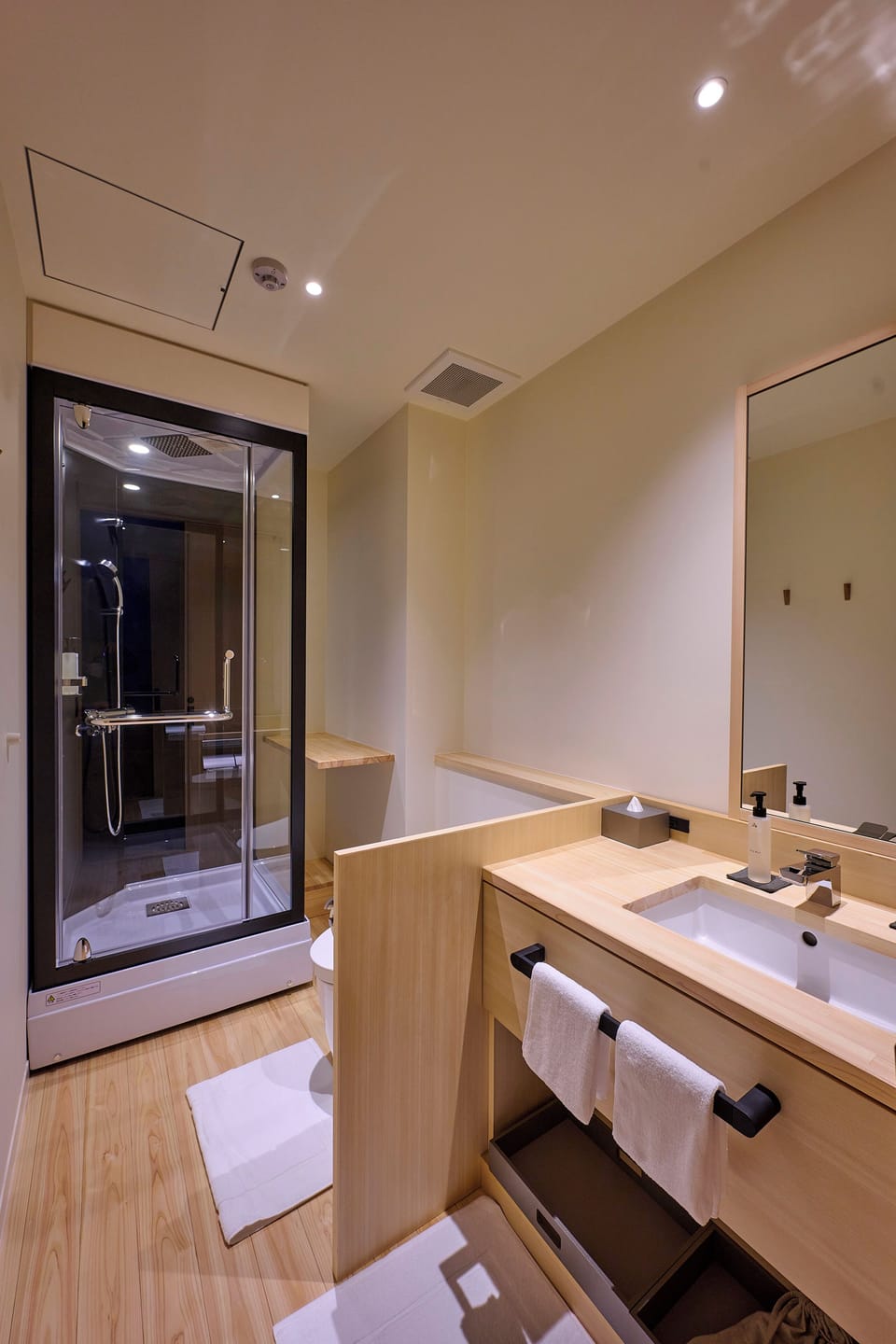 Shower, rainfall showerhead, free toiletries, hair dryer