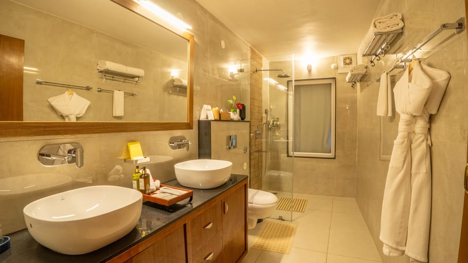 Standard Room, Pool View | Bathroom | Shower, rainfall showerhead, designer toiletries, hair dryer