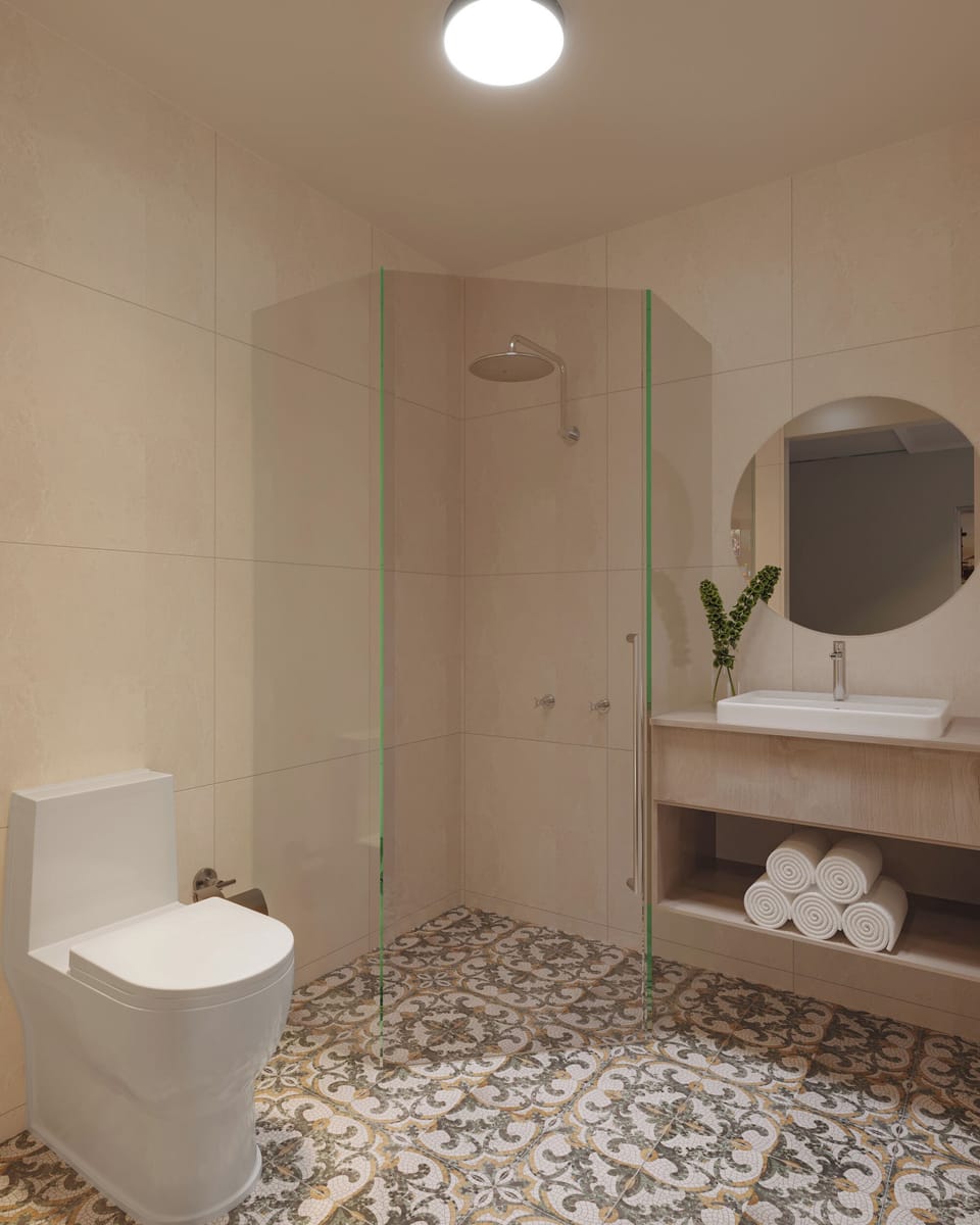 Shower, rainfall showerhead, free toiletries, towels