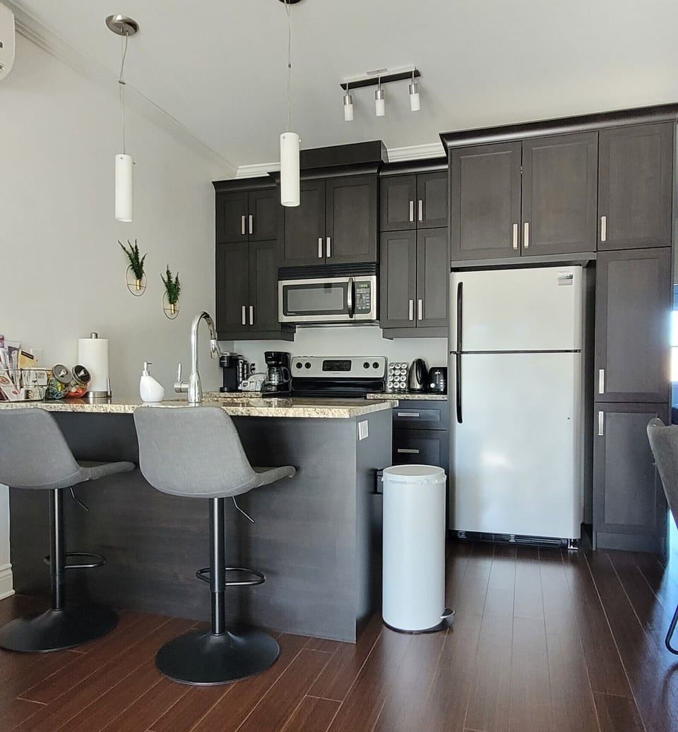Comfort Condo | Private kitchen | Full-size fridge, microwave, oven, stovetop