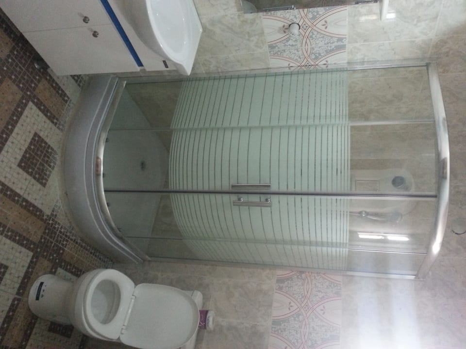 Combined shower/tub, free toiletries, towels