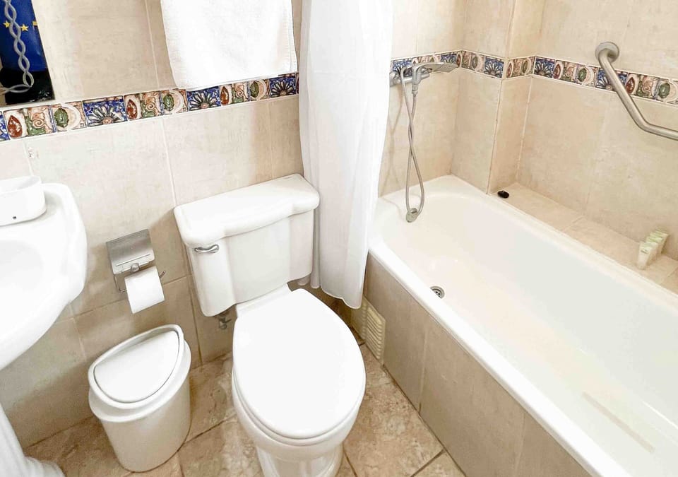 Combined shower/tub, hair dryer, towels, soap
