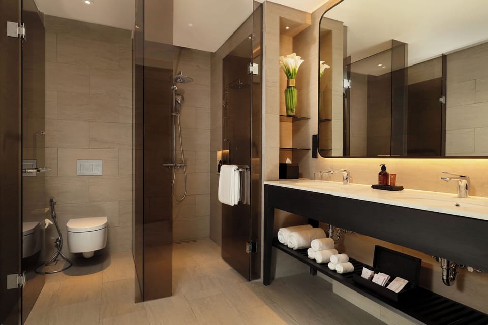 Shower, free toiletries, hair dryer, bathrobes