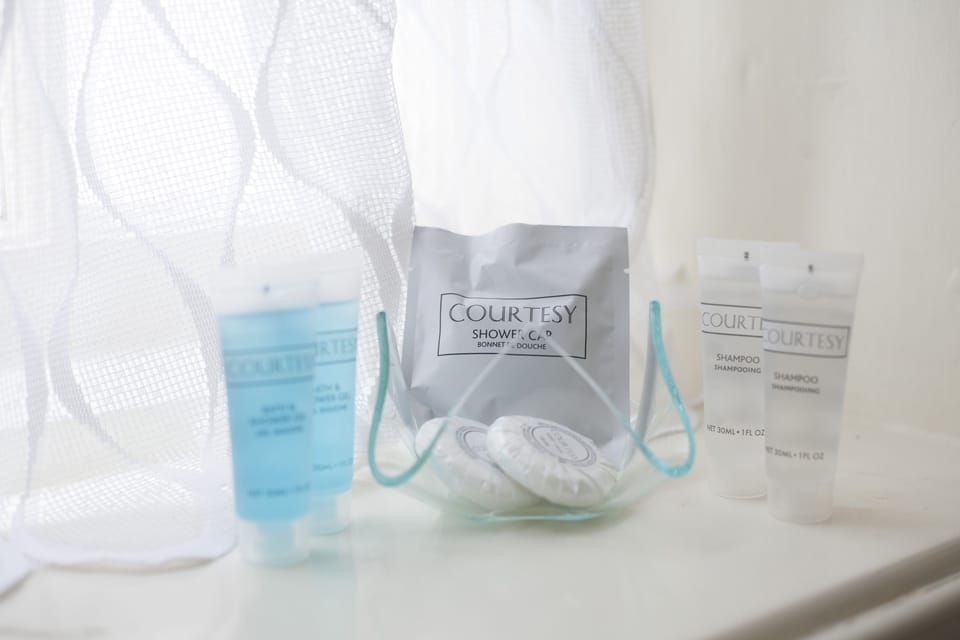 Combined shower/tub, free toiletries, hair dryer, towels