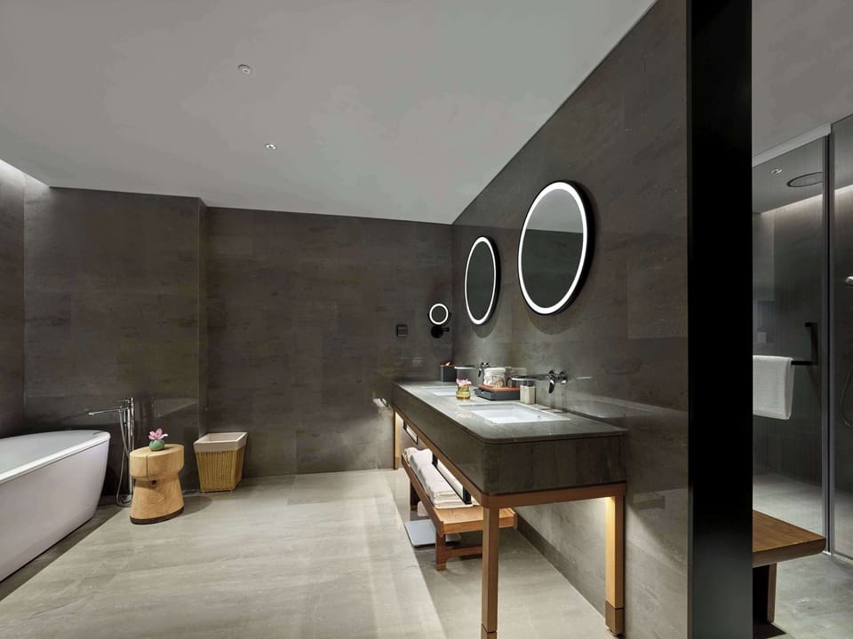 Shower, rainfall showerhead, hair dryer, bathrobes