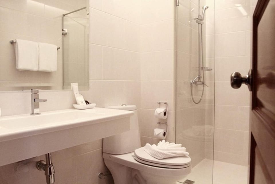 Shower, free toiletries, hair dryer, towels