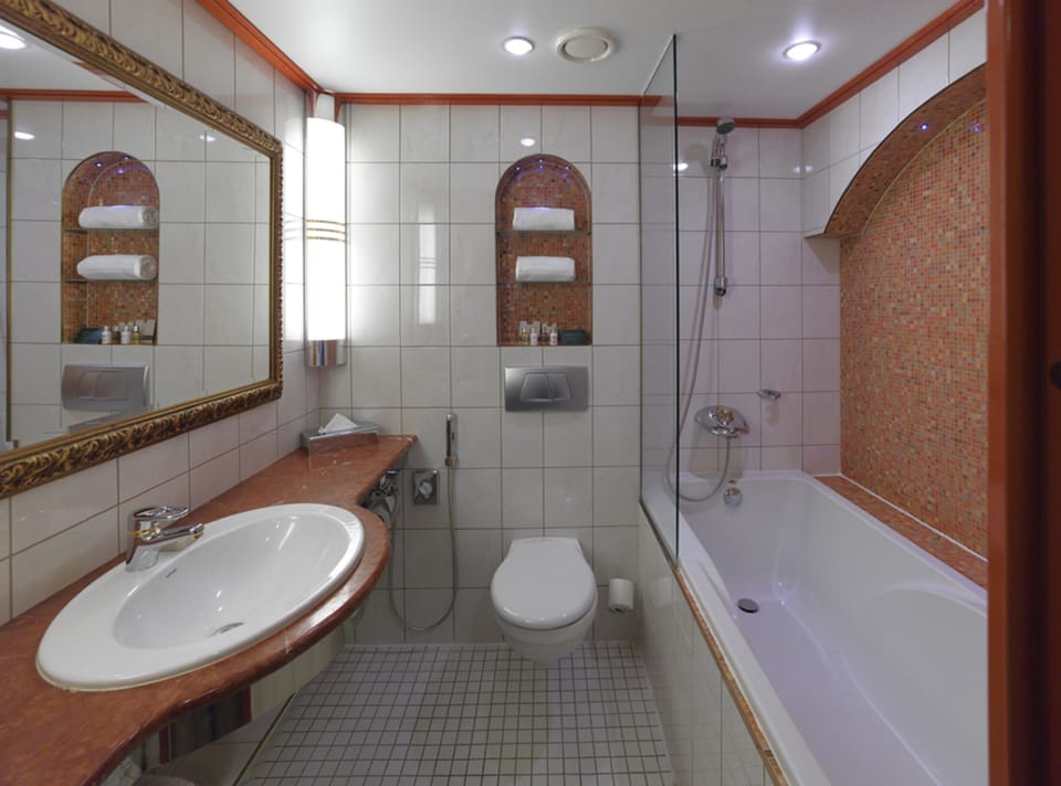 Shower, designer toiletries, hair dryer, towels