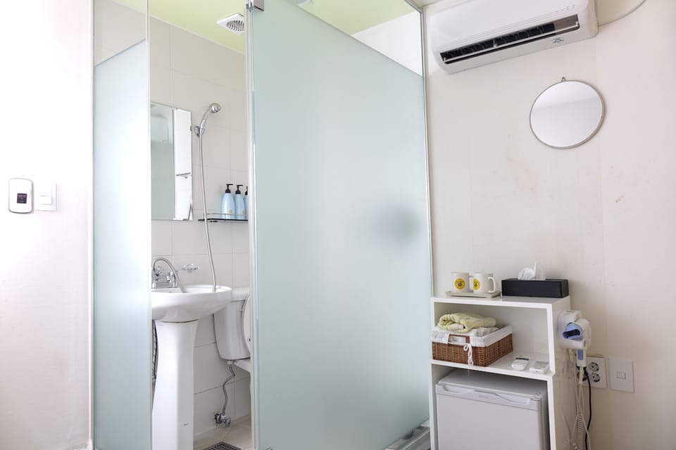 Shower, free toiletries, hair dryer, slippers