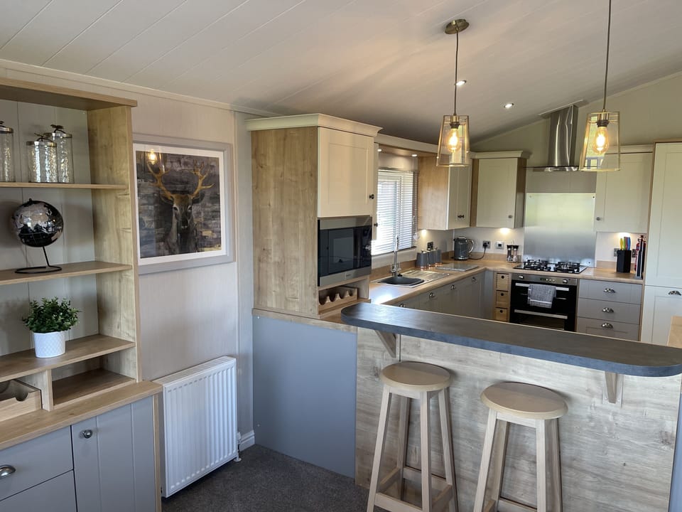 Cabin | Private kitchen | Fridge, microwave, oven, stovetop
