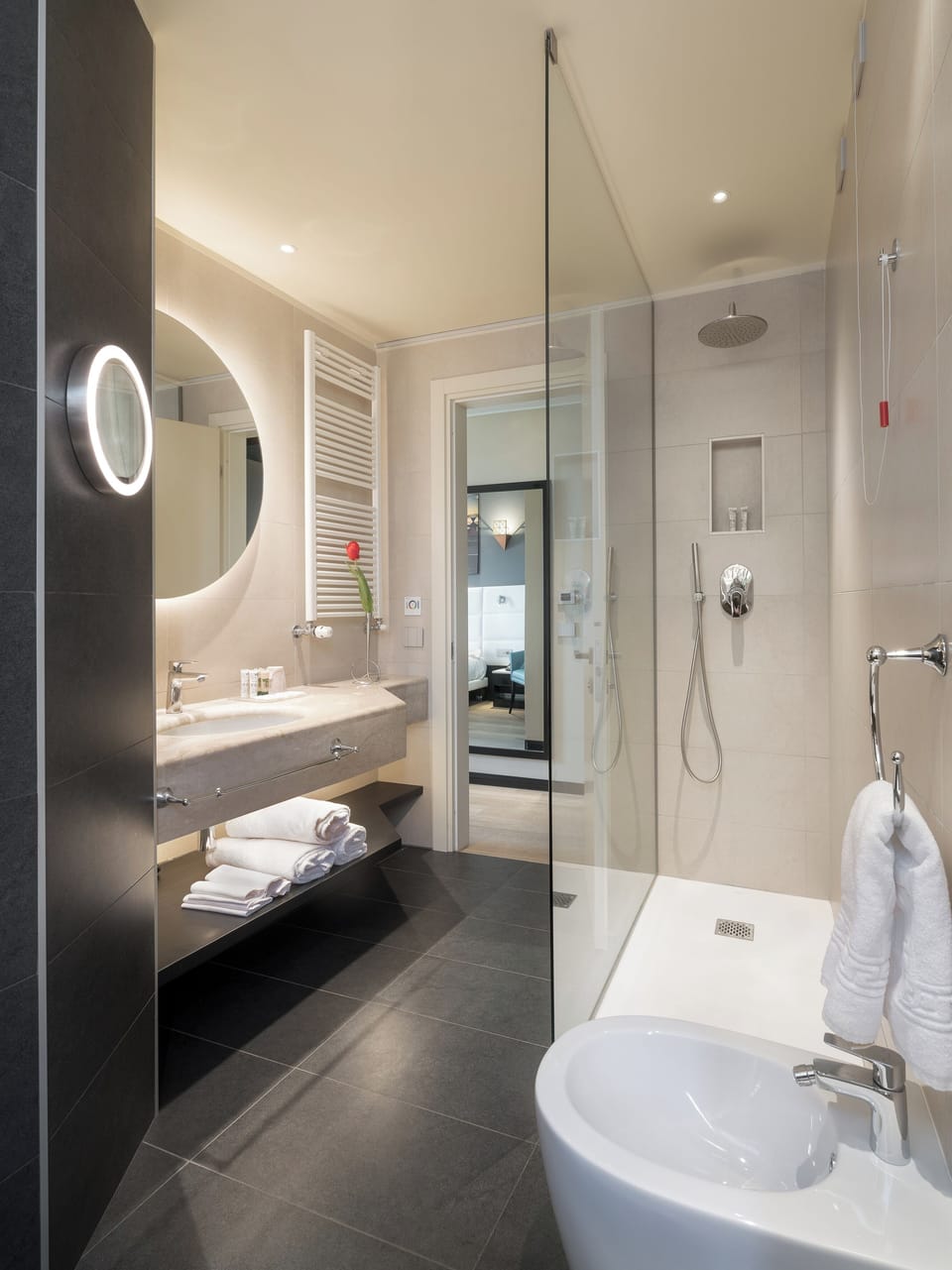 Eco-friendly toiletries, hair dryer, bidet, towels