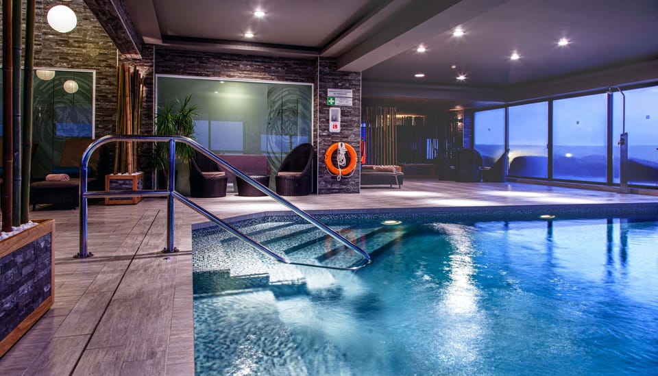 Indoor pool, outdoor pool, sun loungers