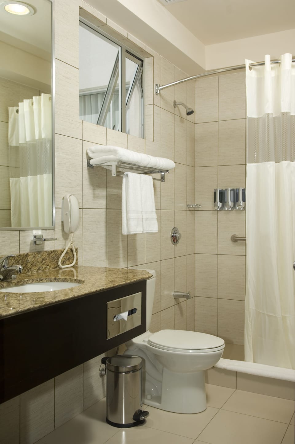 Shower, free toiletries, hair dryer, towels