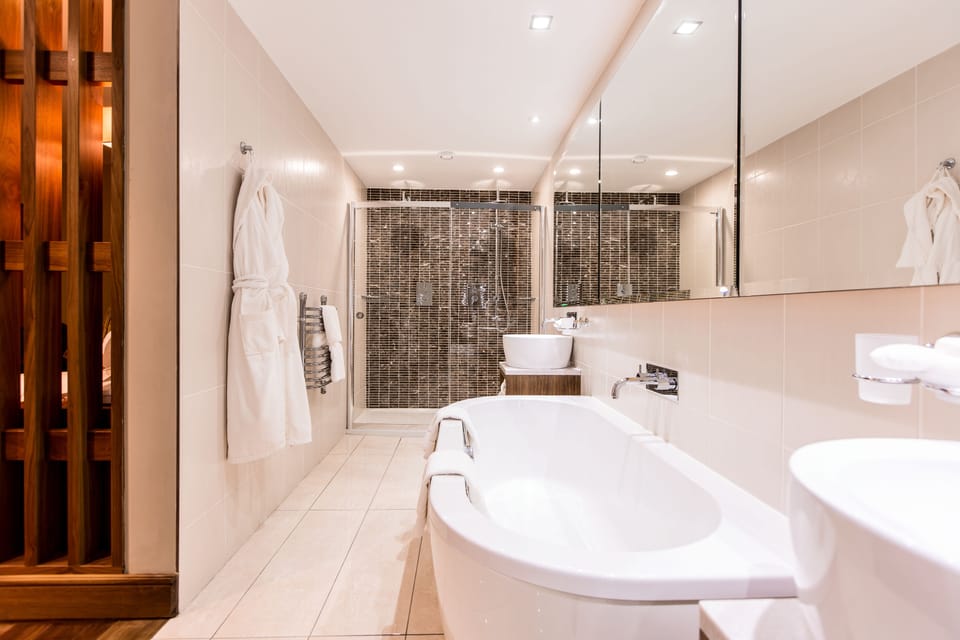 Junior Suite, 1 King Bed | Bathroom | Combined shower/tub, free toiletries, hair dryer, towels