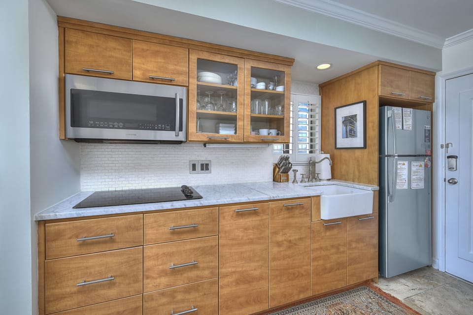 Deluxe Condo, 1 Bedroom, Oceanfront (203) | Private kitchen | Fridge, microwave, stovetop, coffee/tea maker