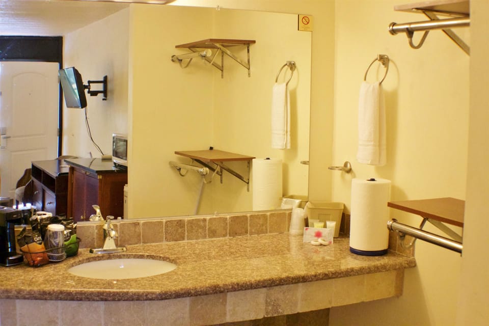 Combined shower/tub, free toiletries, hair dryer, towels